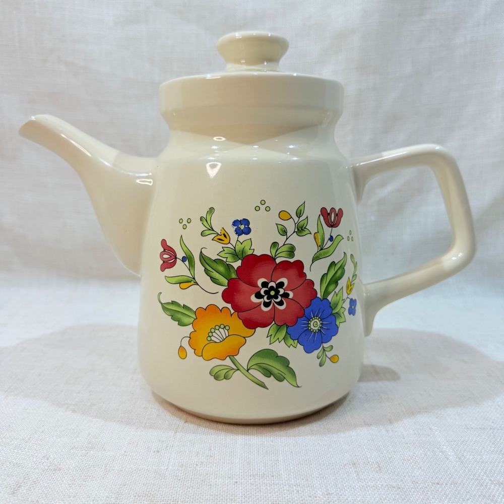 Vintage Floral Ceramic Teapot Cream with Red Blue Yellow Flower Bouquet